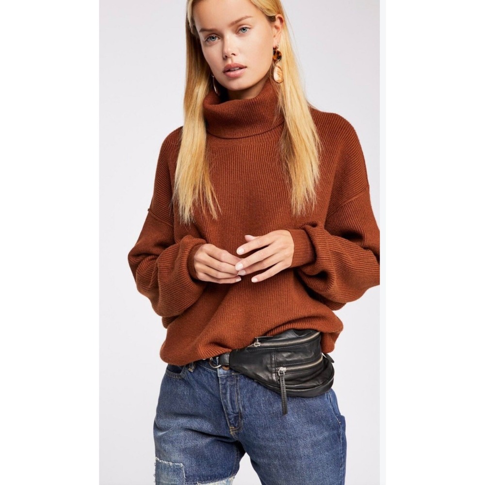 Free People Ottoman Slouchy Tunic Turtleneck Sweater Brown Oversized XS Boho